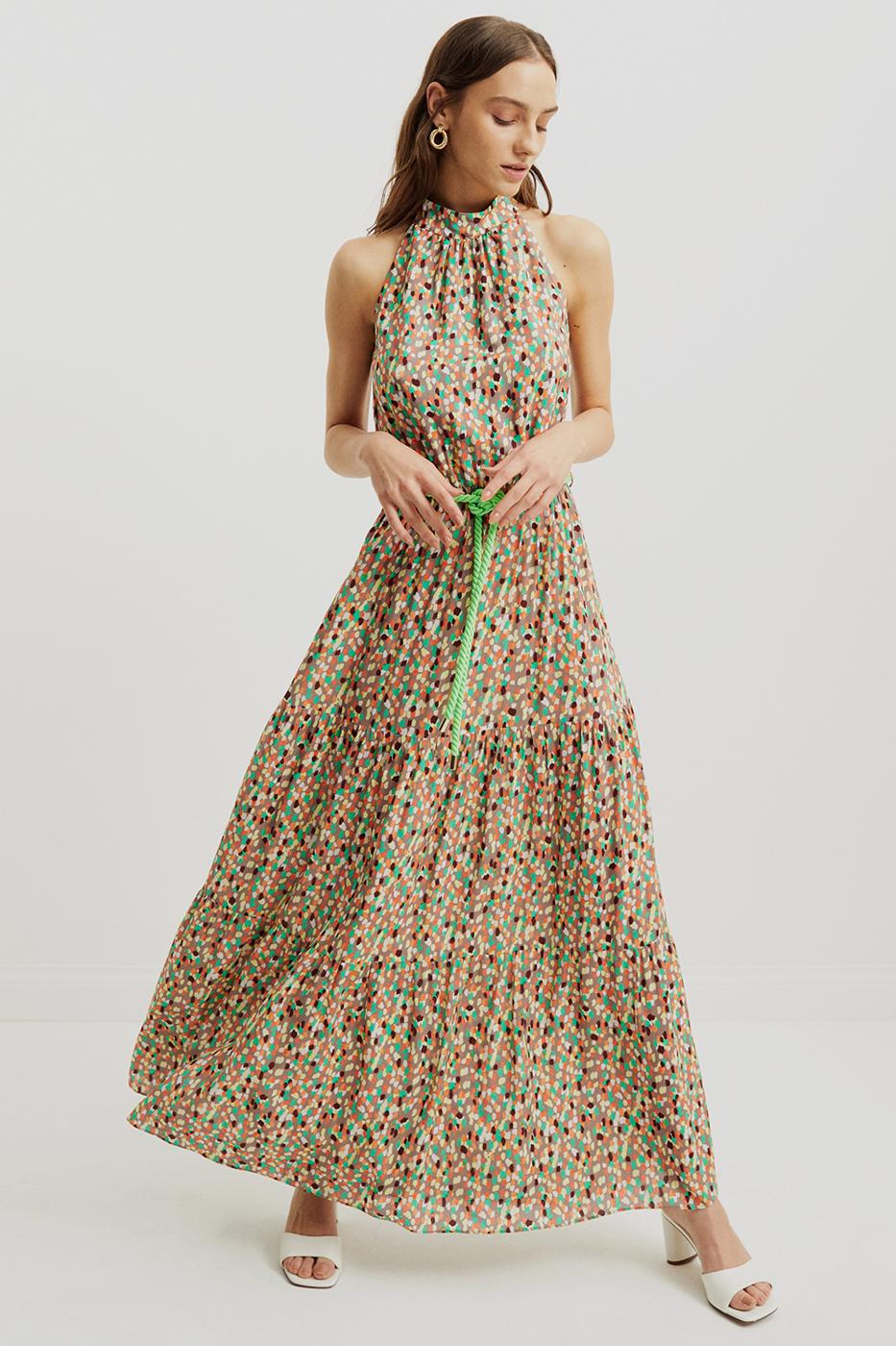 Bayan YEŞİL Malory Yesil Renk Regular Fit Yarım Dik Yaka Halter Kol Elbise