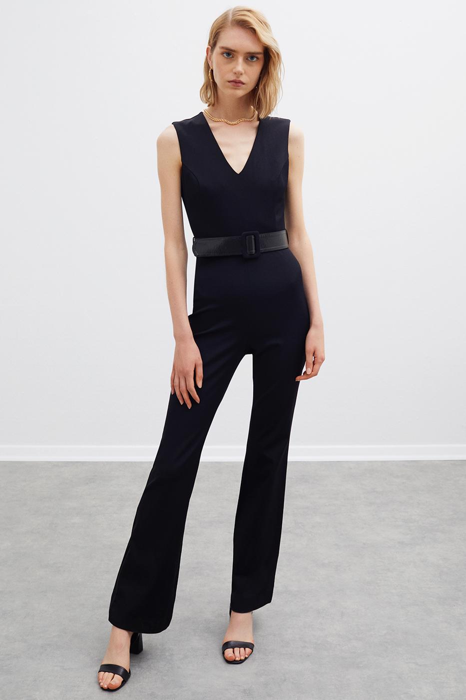 Bayan SİYAH Aracely Slim Fit V-Yaka Sıfır Kol Uzun Boy Siyah Renk Tulum