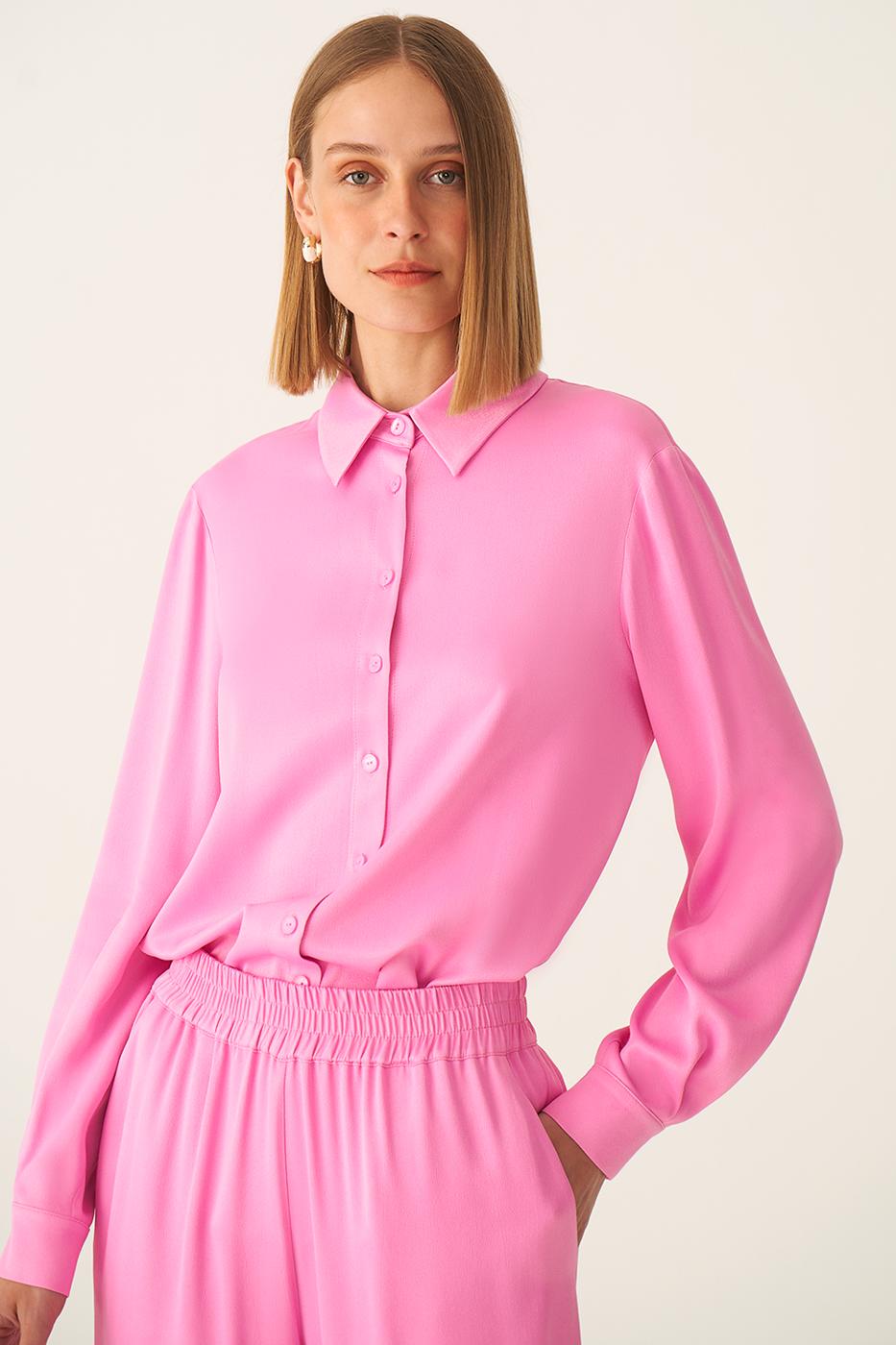 Bayan PEMBE Angely Regular Fit Gömlek Yaka Standart Boy Pembe Renk Kadın Gömlek