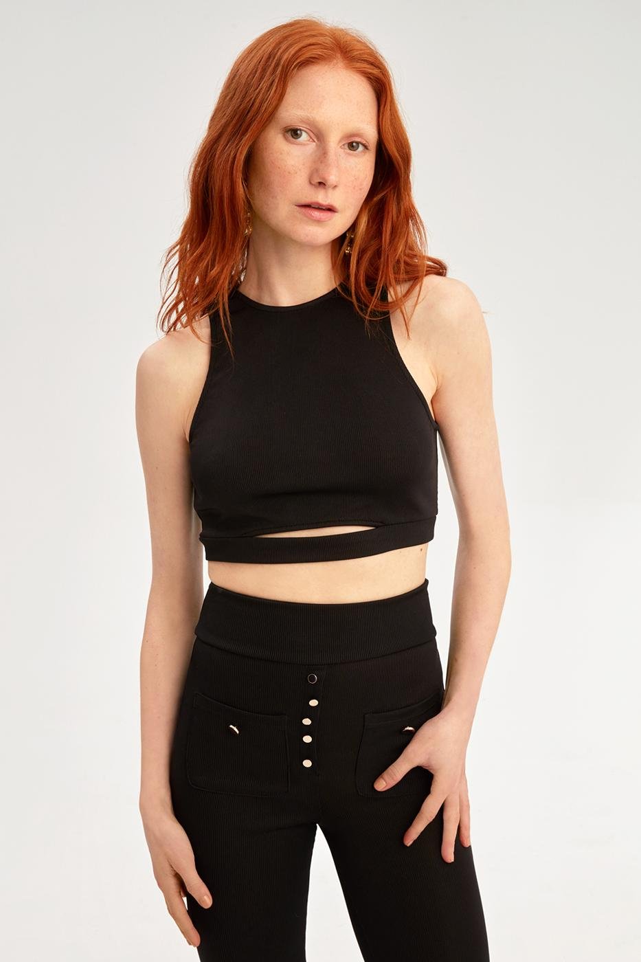 Bayan SİYAH Kady Slim Fit Yuvarlak Yaka Siyah Renk Kadın Crop Bluz