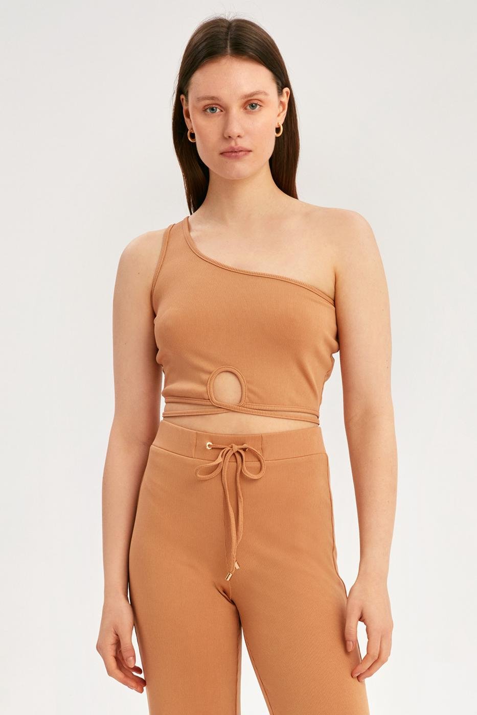 Bayan TABA Kady Taba Renk Slim Fit Tek Omuzlu Bluz