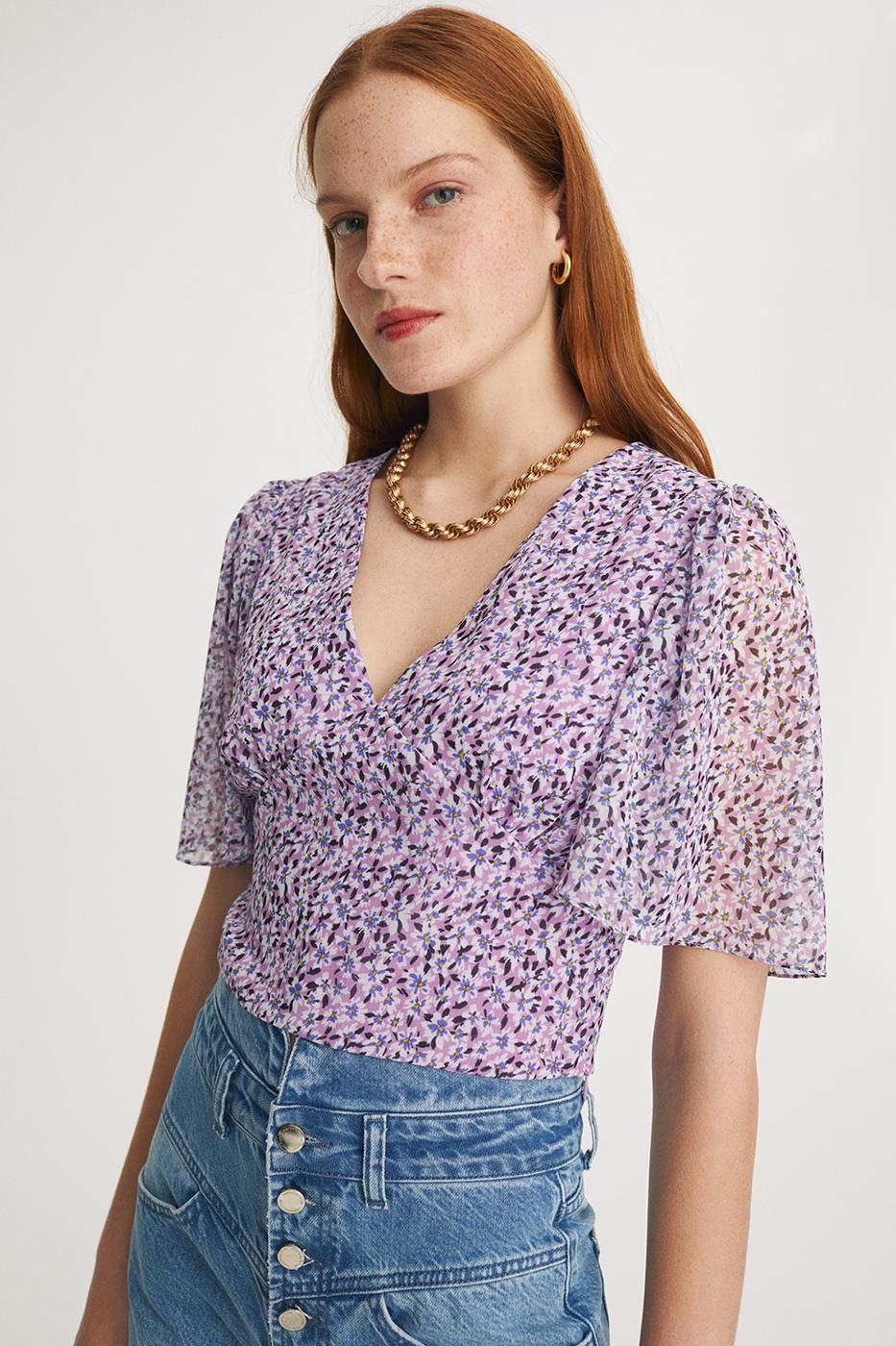 Bayan MOR Sally Menekse Renk Slim Fit V-Yaka Bluz