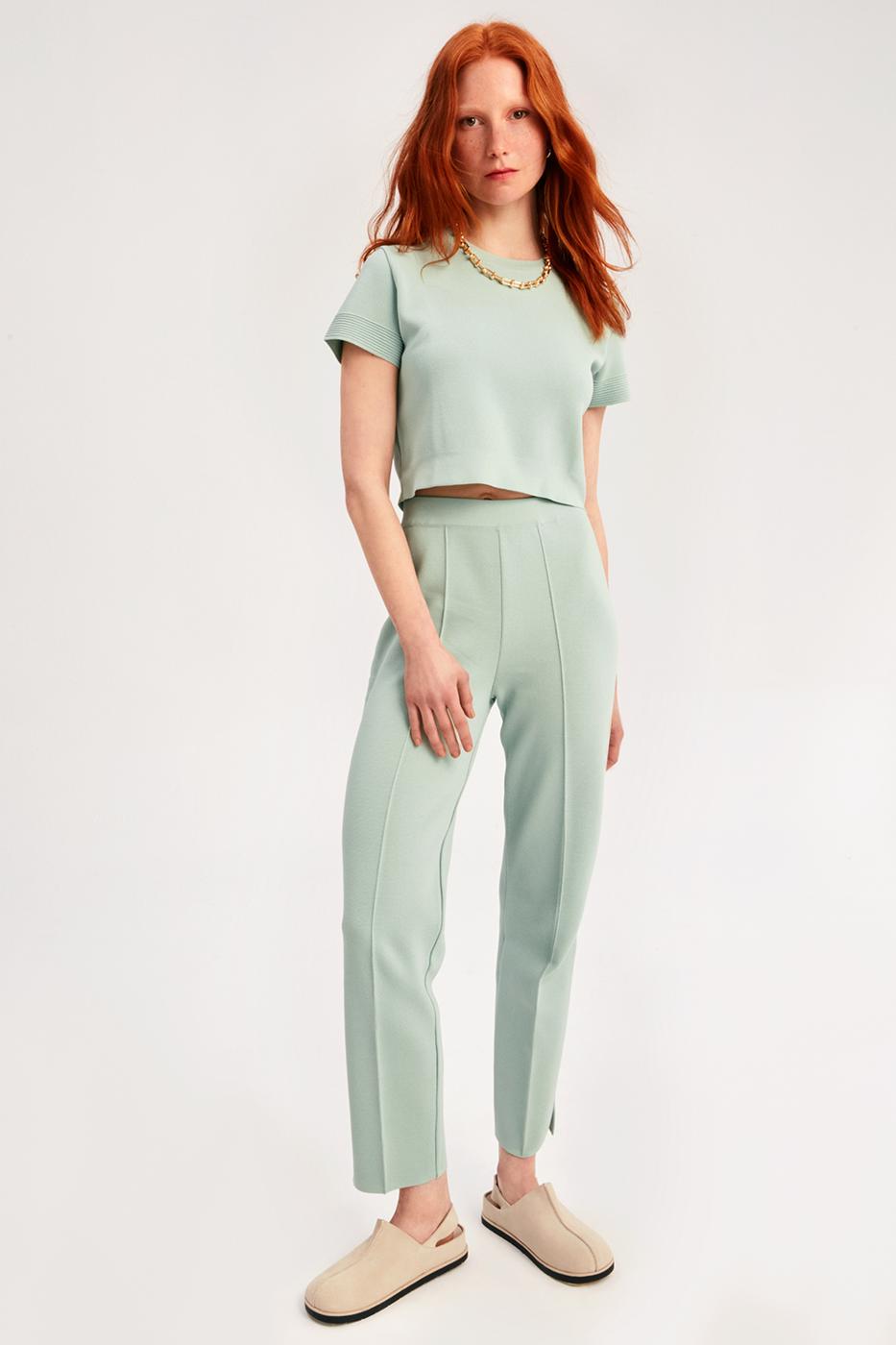 Bayan YEŞİL İllas Mint Renk Regular Fit Boru Paça Triko Pantolon