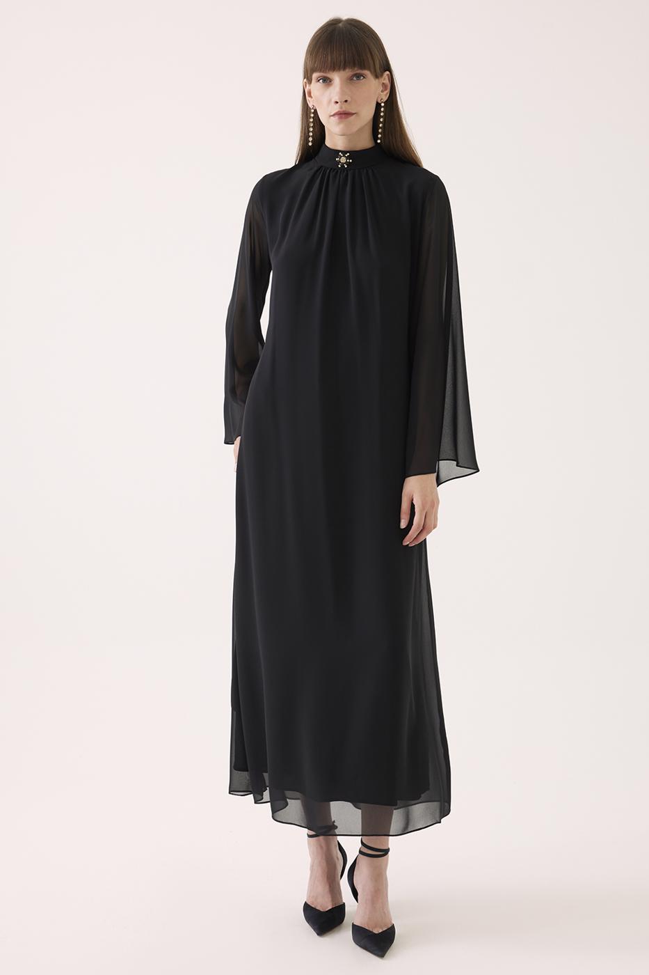 Bayan SİYAH Dixie Regular Fit Maxi Boy Takma Kol Yarım Dik Yaka Siyah Renk Elbise