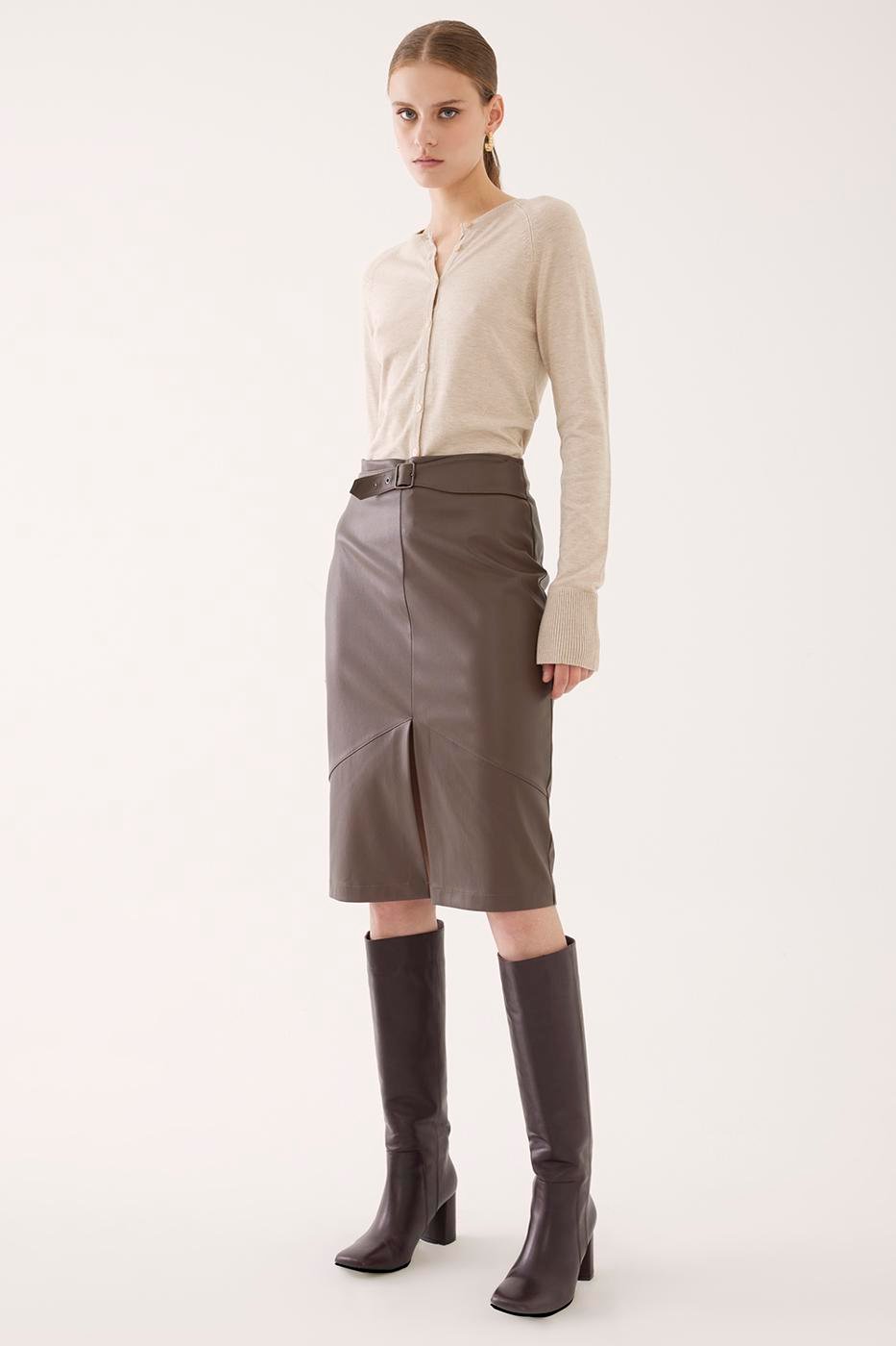 Bayan KAHVERENGİ Abbey Slim Fit Diz Altı Kahverengi Renk Etek