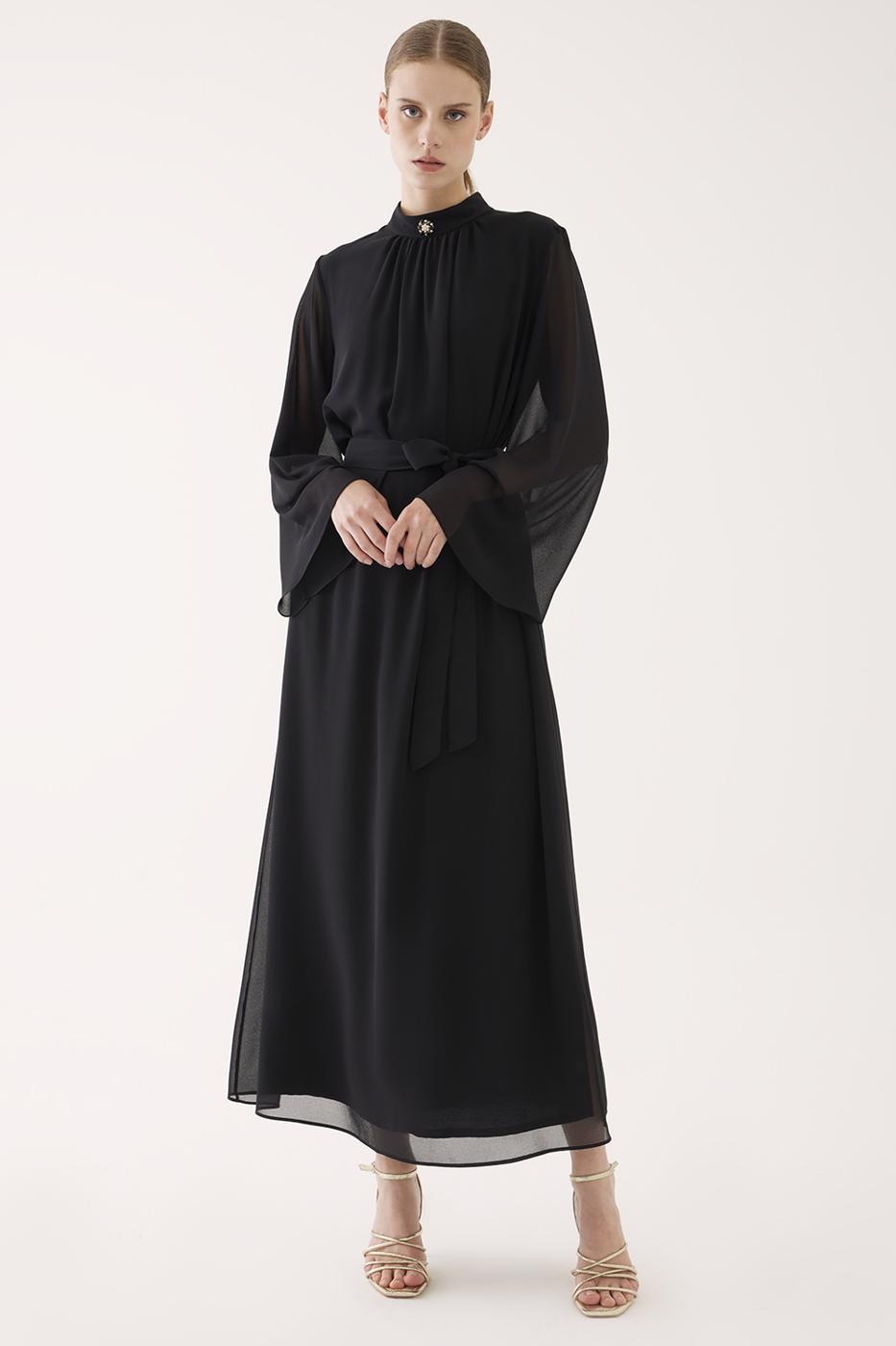 Bayan SİYAH Dixie Regular Fit Yarım Dik Yaka Maxi Boy Siyah Renk Elbise