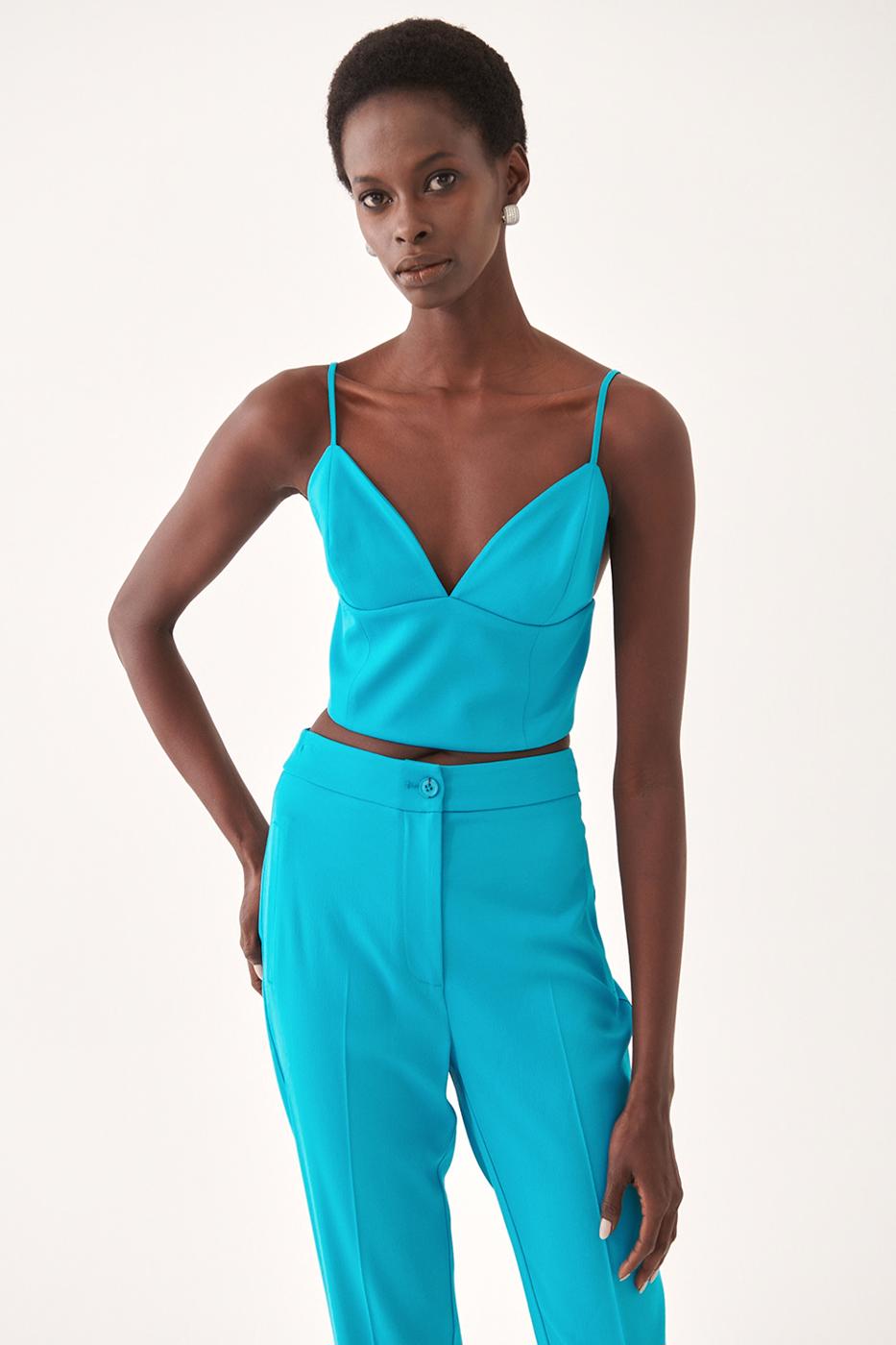Bayan MAVİ Ambers Slim Fit V-Yaka Turkuaz Renk Kadın Crop Bluz
