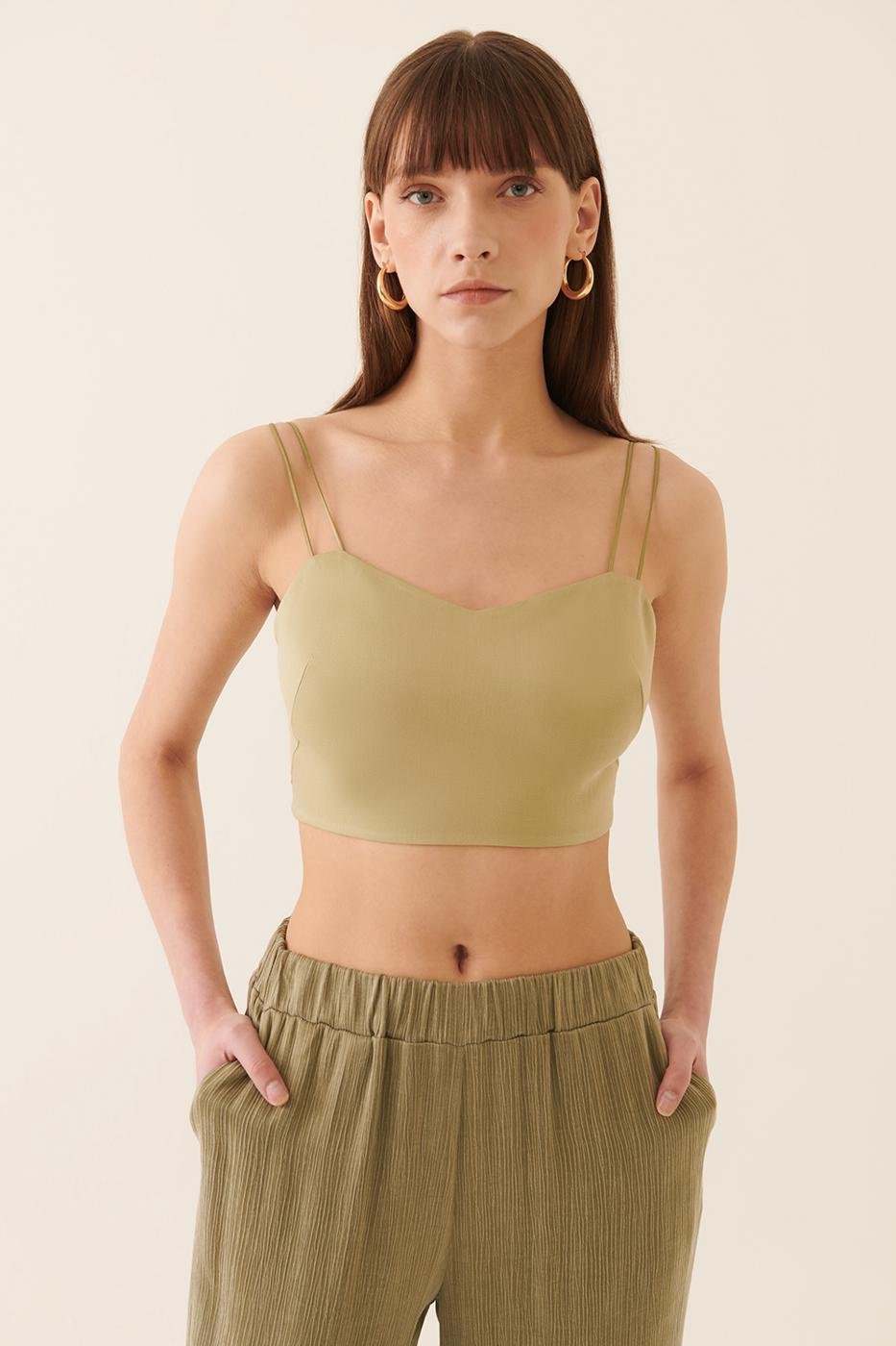Bayan HAKİ Jarmo Slim Fit V-Yaka Askılı Açık Haki Renk Kadın Crop Bluz