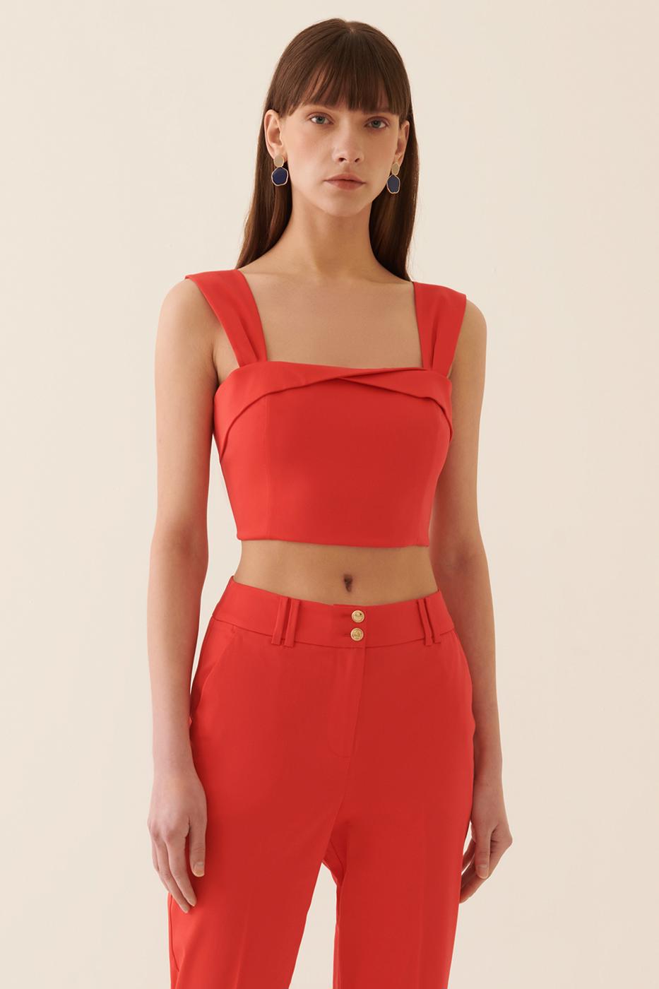 Bayan KIRMIZI Elinsa Kırmızı Renk Slim Fit Kare Yaka Bluz