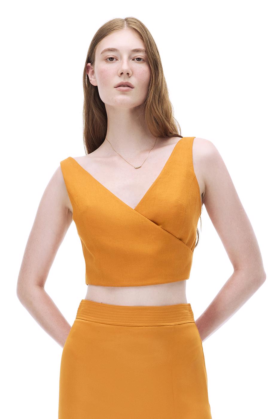 Bayan TURUNCU Turuncu %100 Keten V Yaka Askılı Crop Bluz