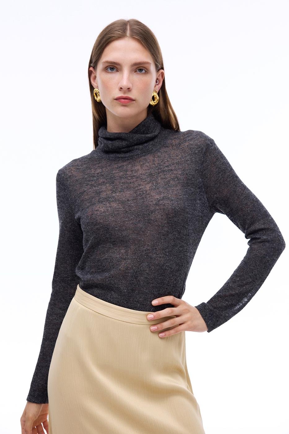 Bayan  Bonnie Slim Fit Standart Boy Takma Kol Balıkçı Yaka Antrasit Bluz