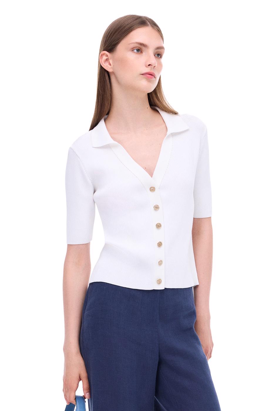 Bayan EKRU Triko Slim Fit Standart Boy Takma Kol Gömlek Yaka Ekru Bluz