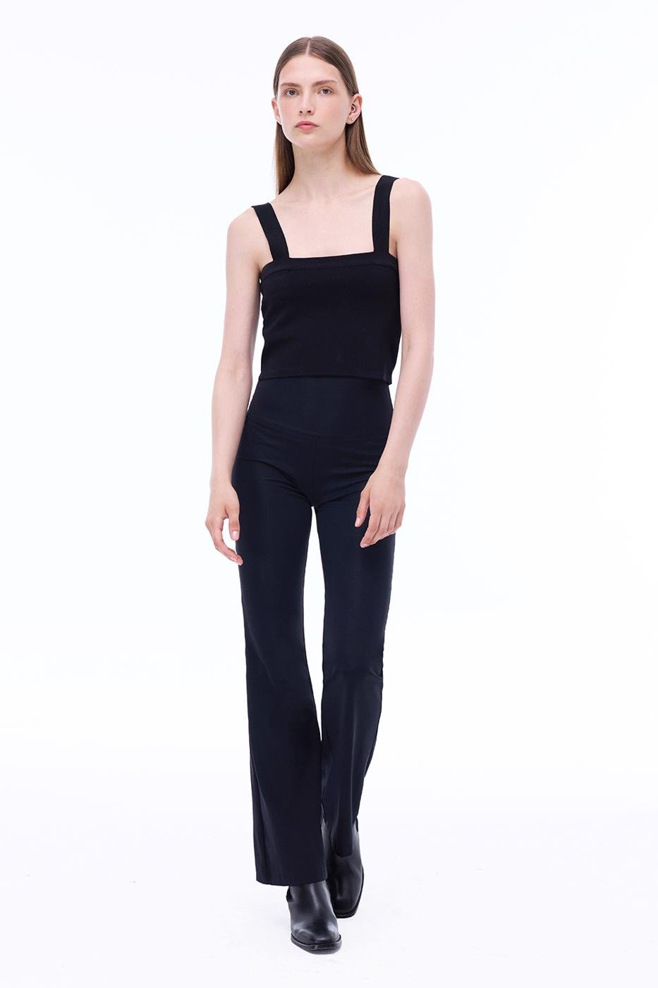 Bayan SİYAH Triko Skinny Fit Crop Boy Askılı Kare Yaka Siyah Bluz
