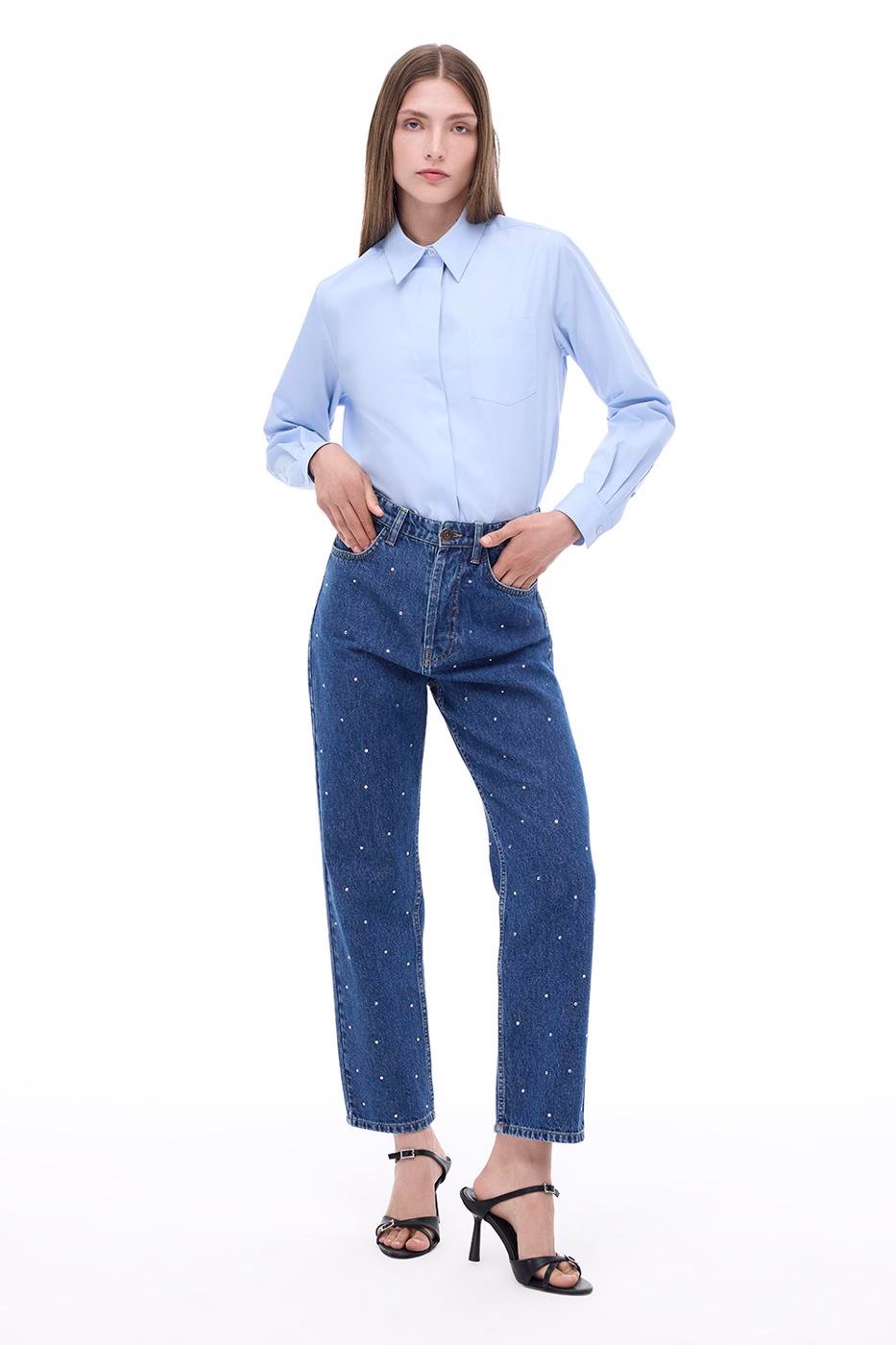 Bayan MAVİ Açık Mavi Yüksek Bel Taşlı Denim Pantolon