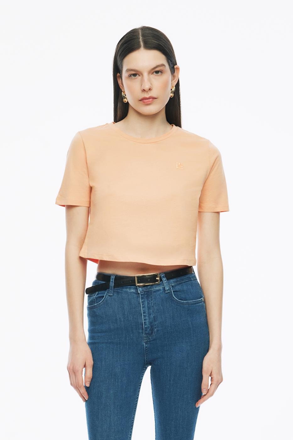 Bayan KAYISI Kelins Regular Fit Crop Boy Bisiklet Yaka Kayısı Renk Kadın Tişört