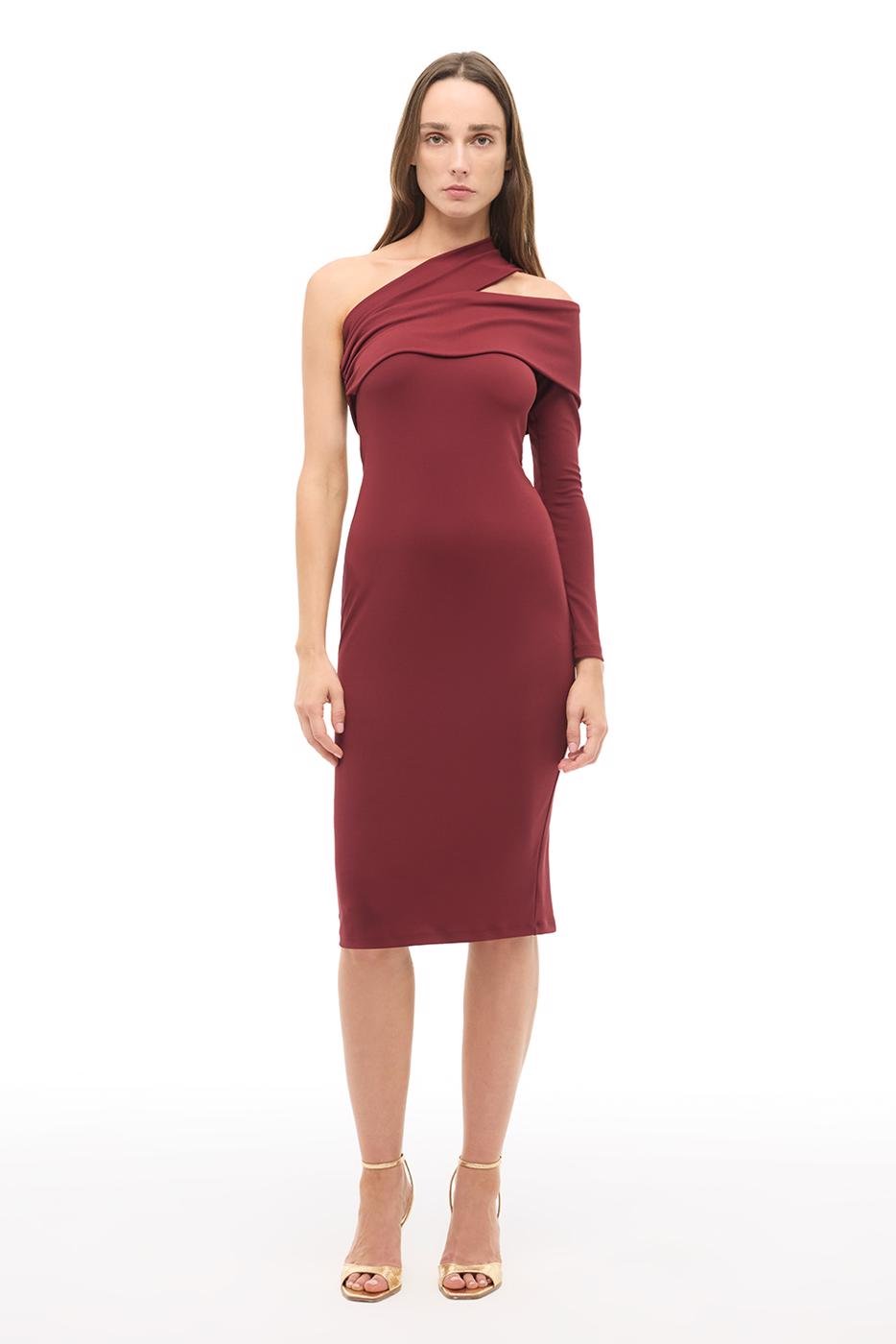 Bayan BORDO Bordo Asimetrik Yaka Slim Fit Diz Altı Elbise