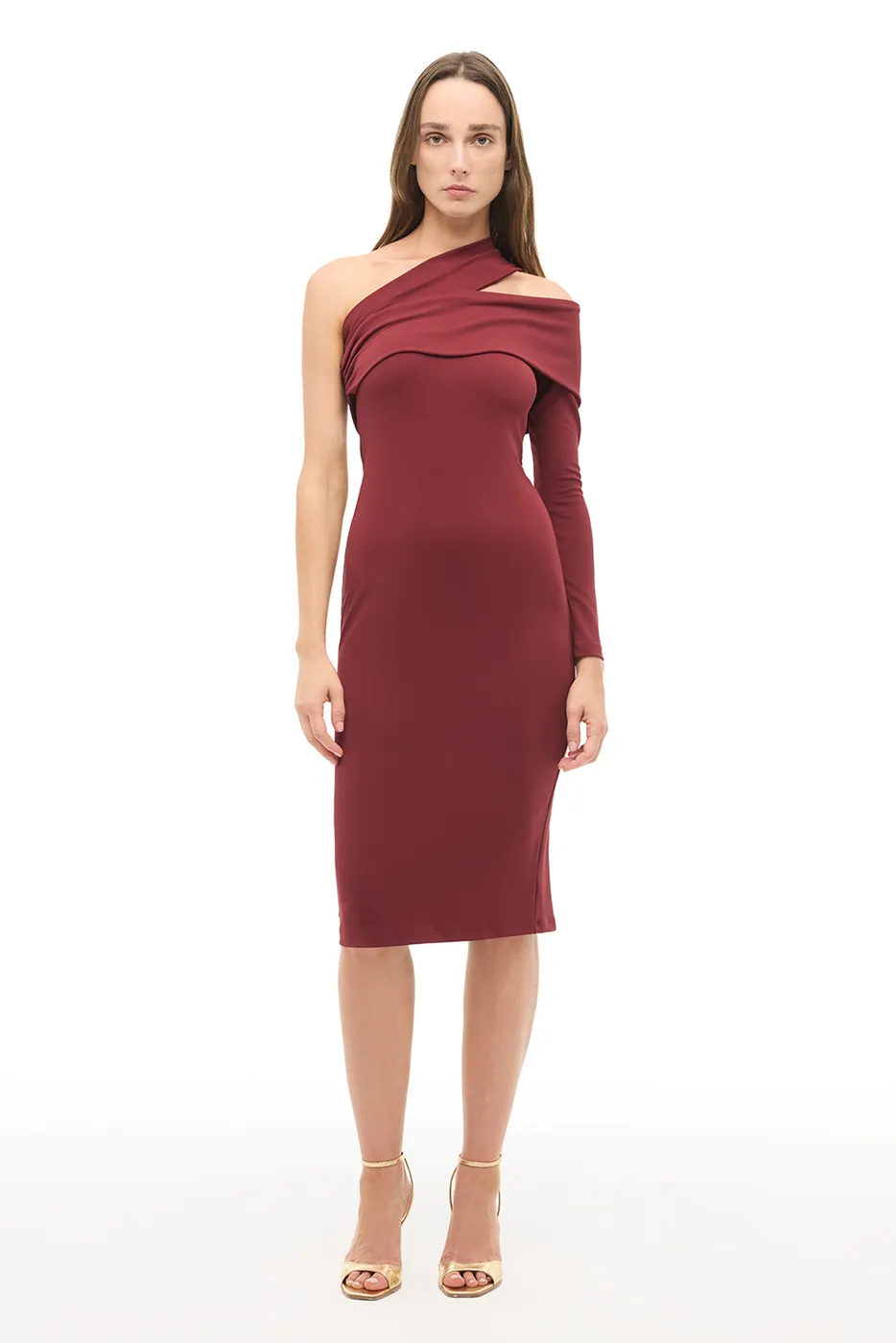 Bordo Asimetrik Yaka Slim Fit Diz Altı Elbise