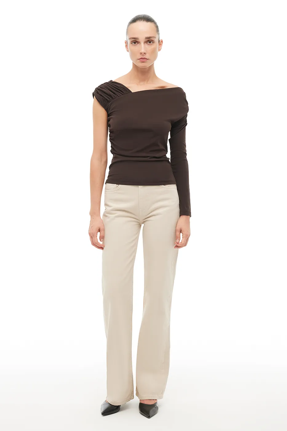 Kahverengi Asimetrik Yaka Slim Fit Bluz