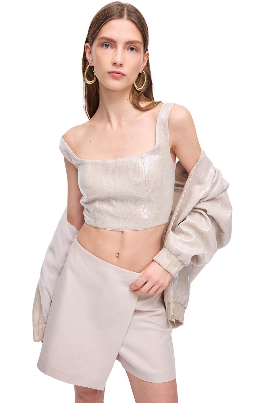Bayan Taş Taş Fermuarlı Askılı Keten Crop Bluz