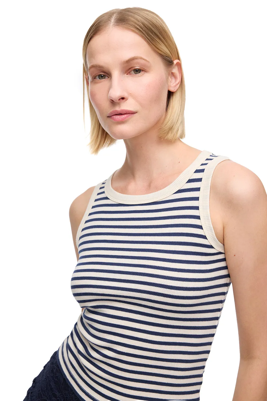 Ekru Lacivert Slim Fit Çizgili Tişört